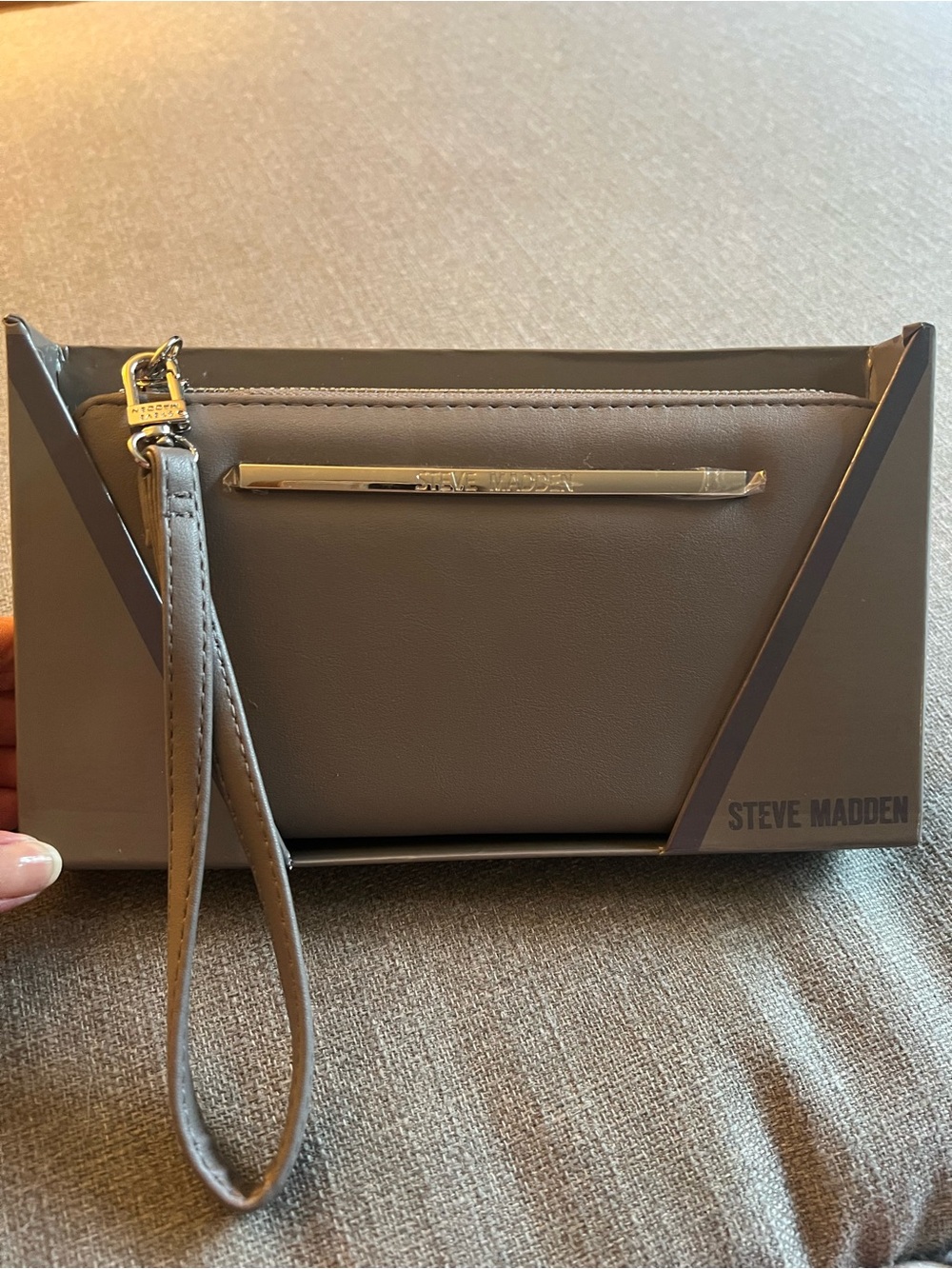 Steve Madden Taupe Faux Leather Wristlet with Gold Accent